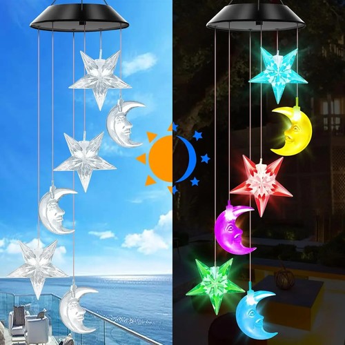 Solar Wind Chimes Lights LED Moon&Star Color Changing Hanging Lamp Garden Decor - Picture 9 of 13
