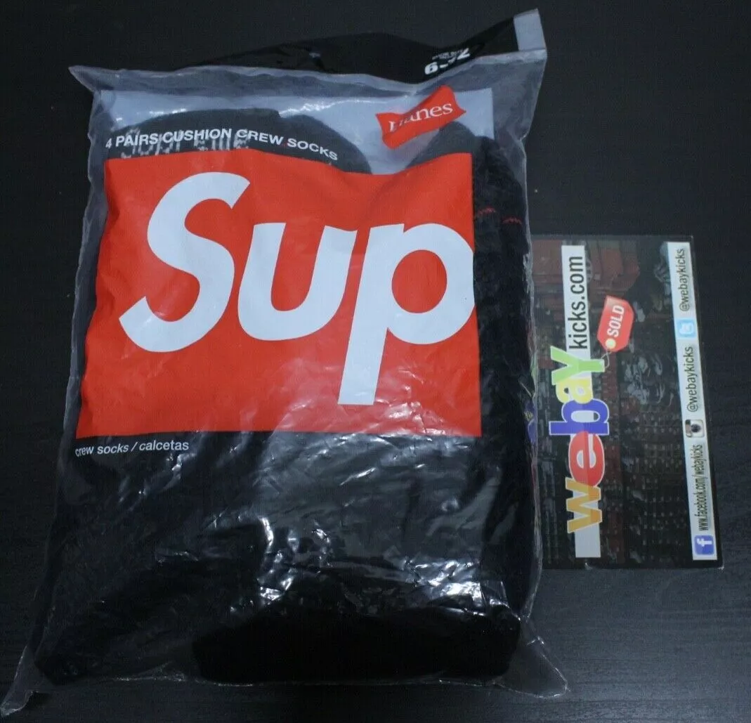 Supreme NYC Hanes Black Box Logo 4 Pack Crew Socks Men's 99HAA26 Brand New
