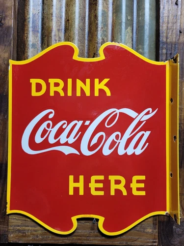 VINTAGE COKE PORCELAIN FLANGE SIGN OLD COCA COLA RESTAURANT SODA BEVERAGE DRINK