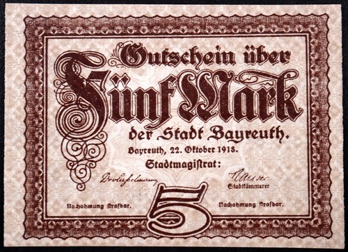 BAYREUTH 1918 5 Mark Grossnotgeld WWI German Notgeld - Picture 2 of 2