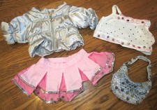 Build a Bear Doll Outfit Set Silver Puff Coat Pink Bling Skirt Top Sparkle Purse