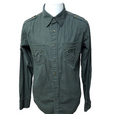 Guess Vintage Men's Size M Solid Military Green Button Epaulets Biker Shirt