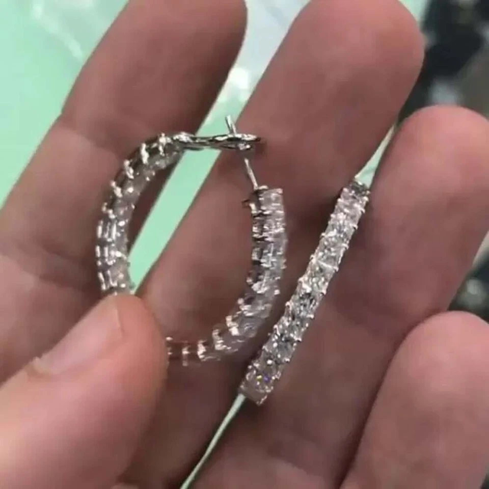 8 Ct Princess Cut Lab Created Diamond 14K White Gold Plated Lovely Hoop Earrings - Image 4 of 4