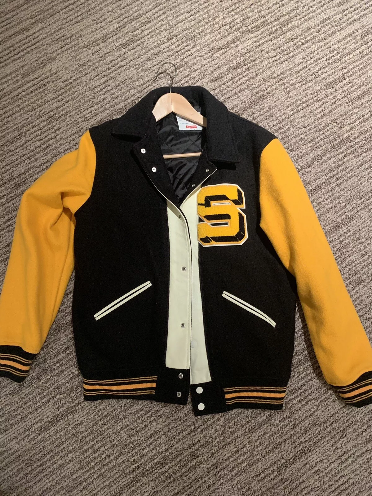 Veste homme Supreme Captain Varsity taille L laine de baseball jaune or C bleu marine