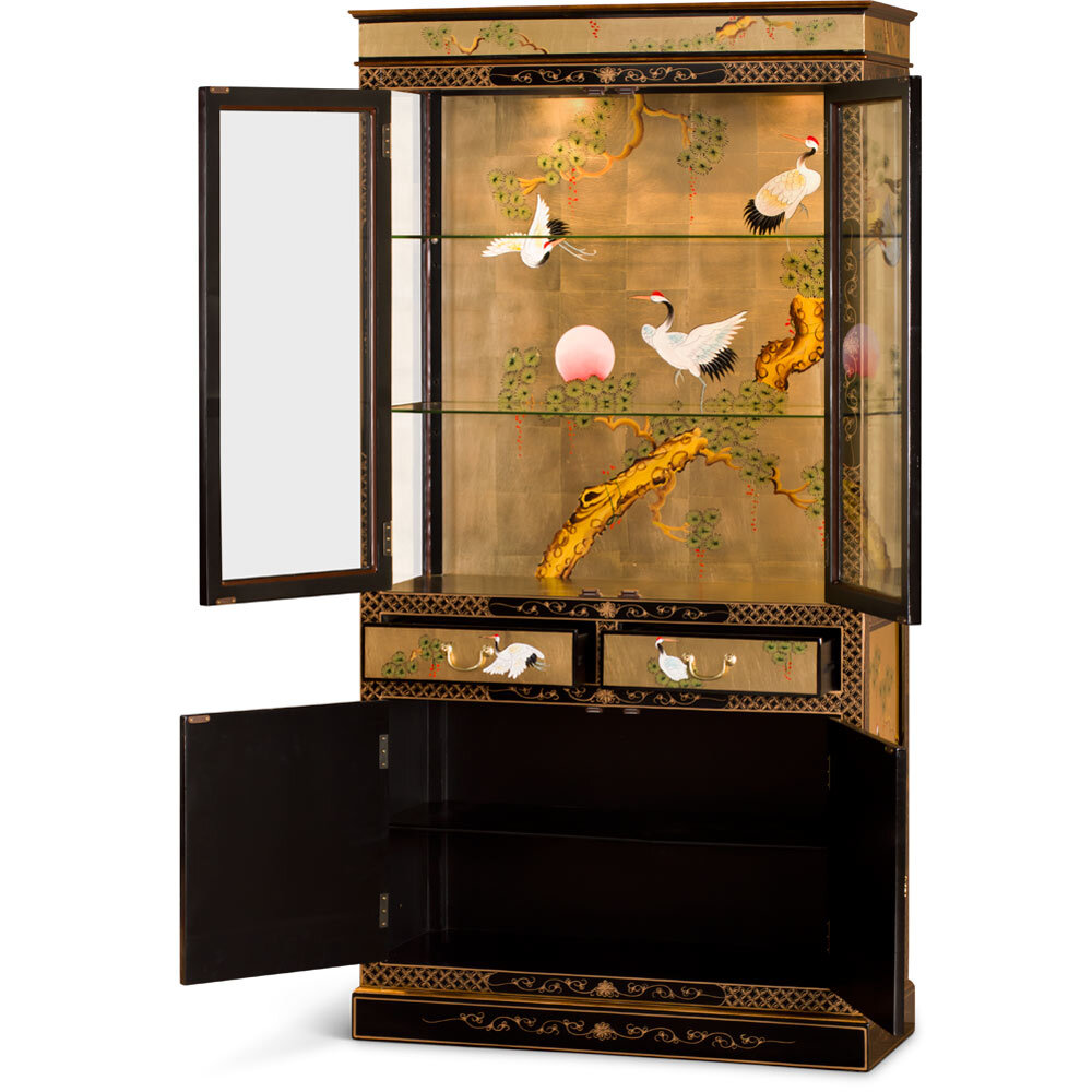 US SELLER Hand Painted Gold Leaf Crane Motif Asian China Cabinet
