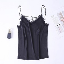 Lady V Neck Faux Silk Lace Vest Cami Satin Tank Top Spaghetti Strap Slip Fashion