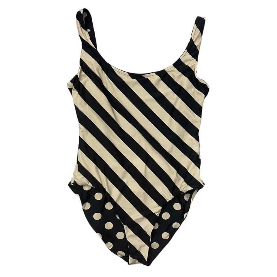 Traje de baño reversible de una pieza J Crew 14 rayas lunares cuello redondo negro tostado Foto 3 de 4