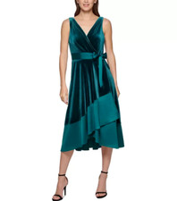 DKNY Women's Petite Mixed-Media Surplice V- Forest Green Size 4P