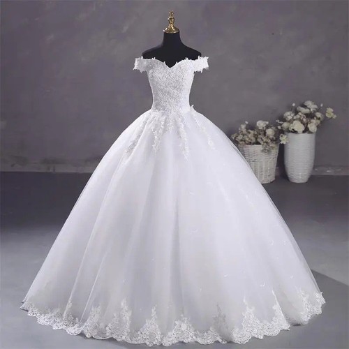 White/Ivory Off-Shoulder Plus Size Wedding Dress | Embroidery Lace Bridal Gown - Picture 6 of 6