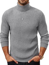 Men's Slim Fit Turtleneck Sweater Casual Ribbed Knitted Small Dark Grey