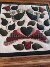 Vintage Handmade Amish framed wall quilt - Hearts, Birds, and Vines pattern