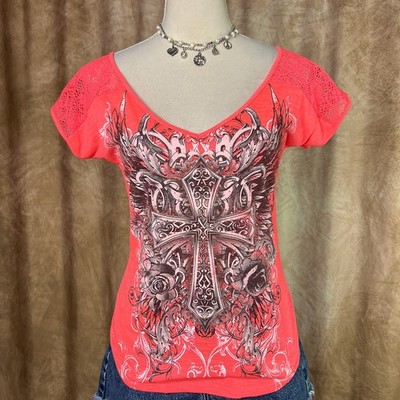 Y2K Mall Goth Top Rocaille Cross Shirt Neon Pink Glitter Lace Indie Sleaze