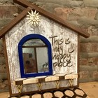 Rustic Distressed Wood House Wall Key Rack w/ 4 Metal Hooks, Blue Window — photo 3