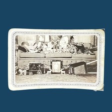 Vintage Toys Piled on Couch and Floor 1930s Photo Circus Wagon Train Wheelbarrow