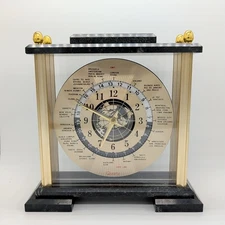 Green Marble & Brass World Time Zone Quartz Desk Mantel Clock Vintage 