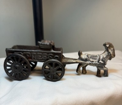 1970 Vintage Cast-Iron Toy A Goat, Pulling A Express Wagon Rustic