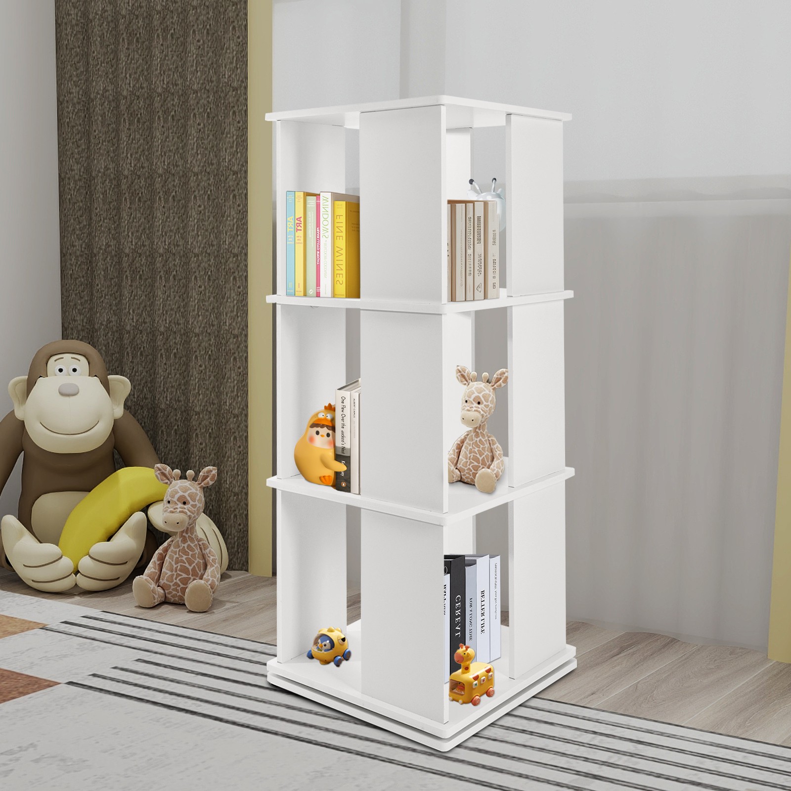 3 Tier 360 Rotating Wood Bookcase Display Stand Free Standing Storage Rack