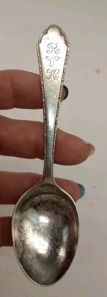 Vtg WILLIAM & MARY 1921 TREASURE LUNT STERLING  BABY SPOON Monogramed 4.25" 18 G - Image 2 of 4