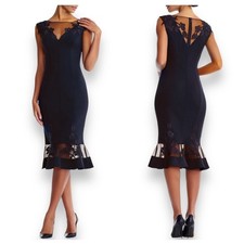 Aidan Mattox by Adrianna Papell Floral Lace Trim Mesh Cocktail Dress Navy 2 NWT