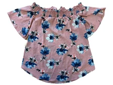 Mmmmmm Womens Pink Floral Elastic Off Shoulder Flutter Sleeves Top Size M