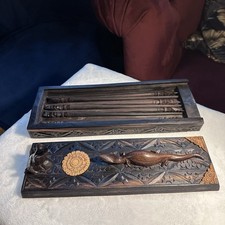 Vintage Balinese Hand Carved Wooden Chopstick Box Set Frog Lizard 8 Chopsticks