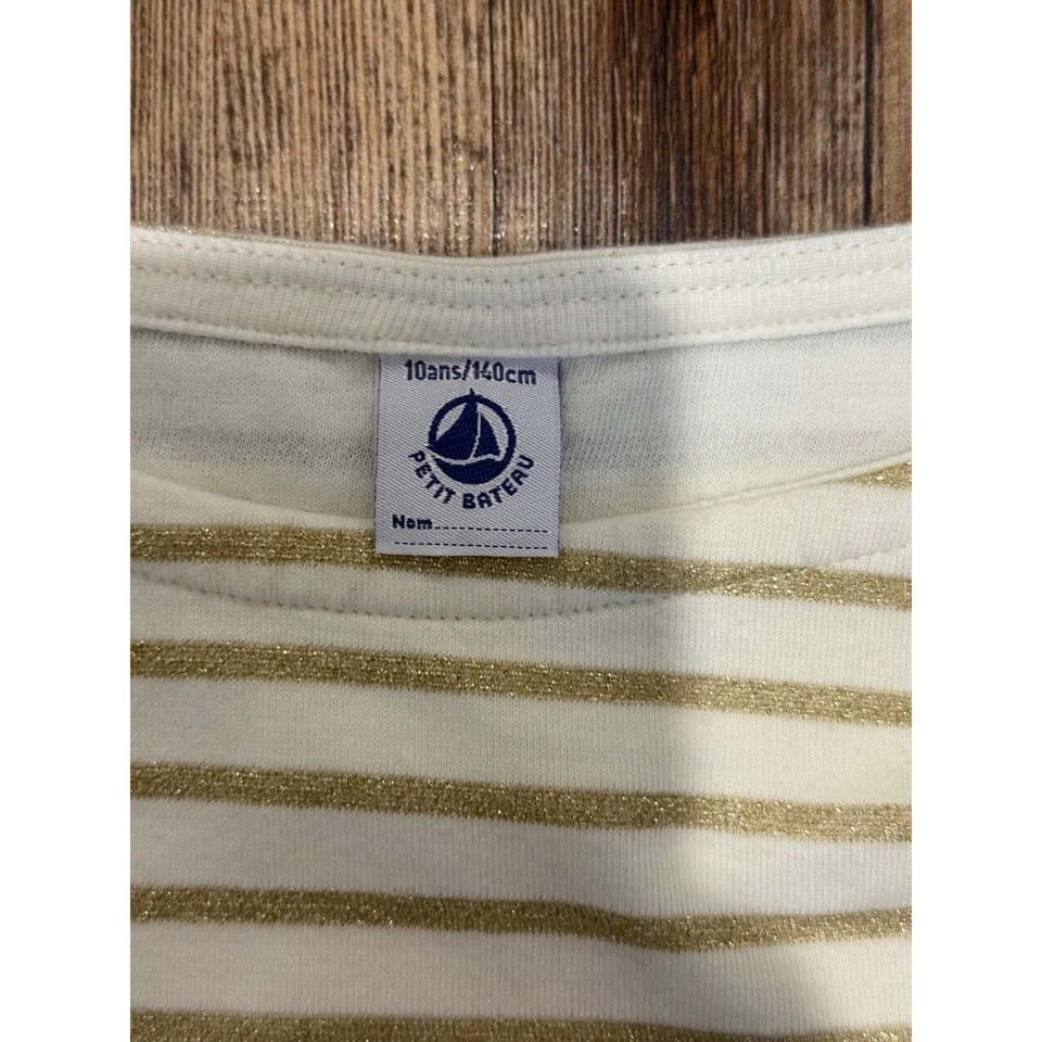 Top Petit Bateau Niñas 10A Crema Dorado Rayas Manga Larga Lazo Navidad Elegante Foto 3 de 4