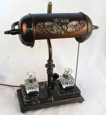 ANTIQUE BANKERS LAMP w DRAGONS & INKWELLS REWIRED c.1920