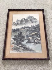 VINTAGE CHINESE FRAMED WATERCOLOR WITH SILK MATTE AND SIGNED 