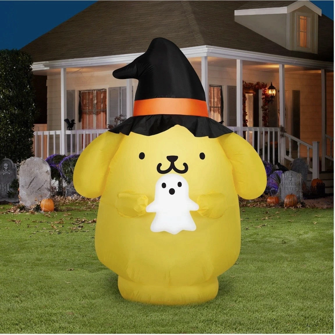 Hello Kitty Pompompurin Witch Hat & Ghost Light Up Halloween Yard Inflatable 5'
