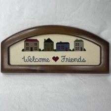 Framed Cross-Stitch Style Sampler Wall Art “Welcome Friends” 12" x 5.5"