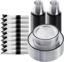 Goodluck 175 Piece Black Plastic Dinnerware Set for Party, Clear Disposable Plat