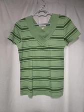 LIZ CLAIBORNE Green Striped Vneck Shirt Size M Short sleeve 