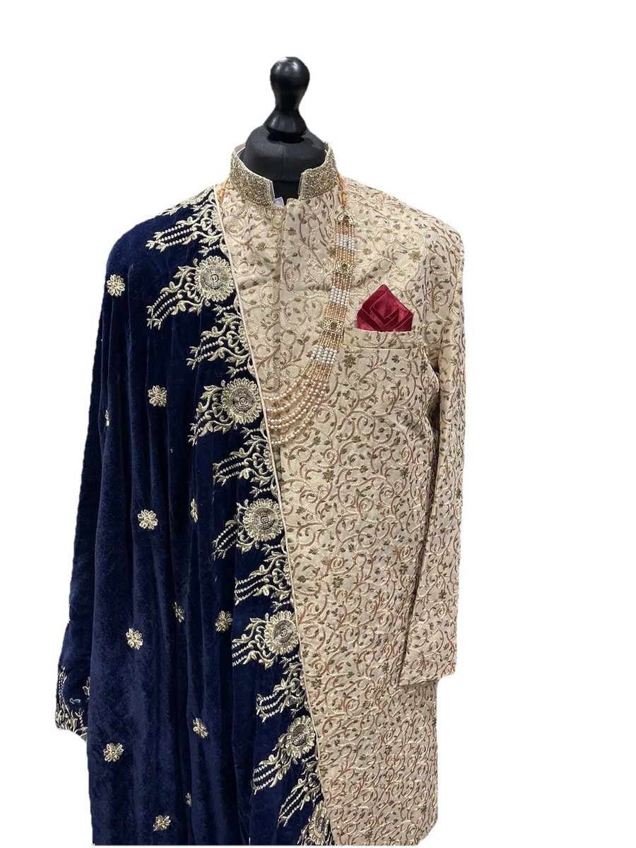 Mens Groom Dulha Dress Wedding Gold Sherwani Long Jacket Kulla