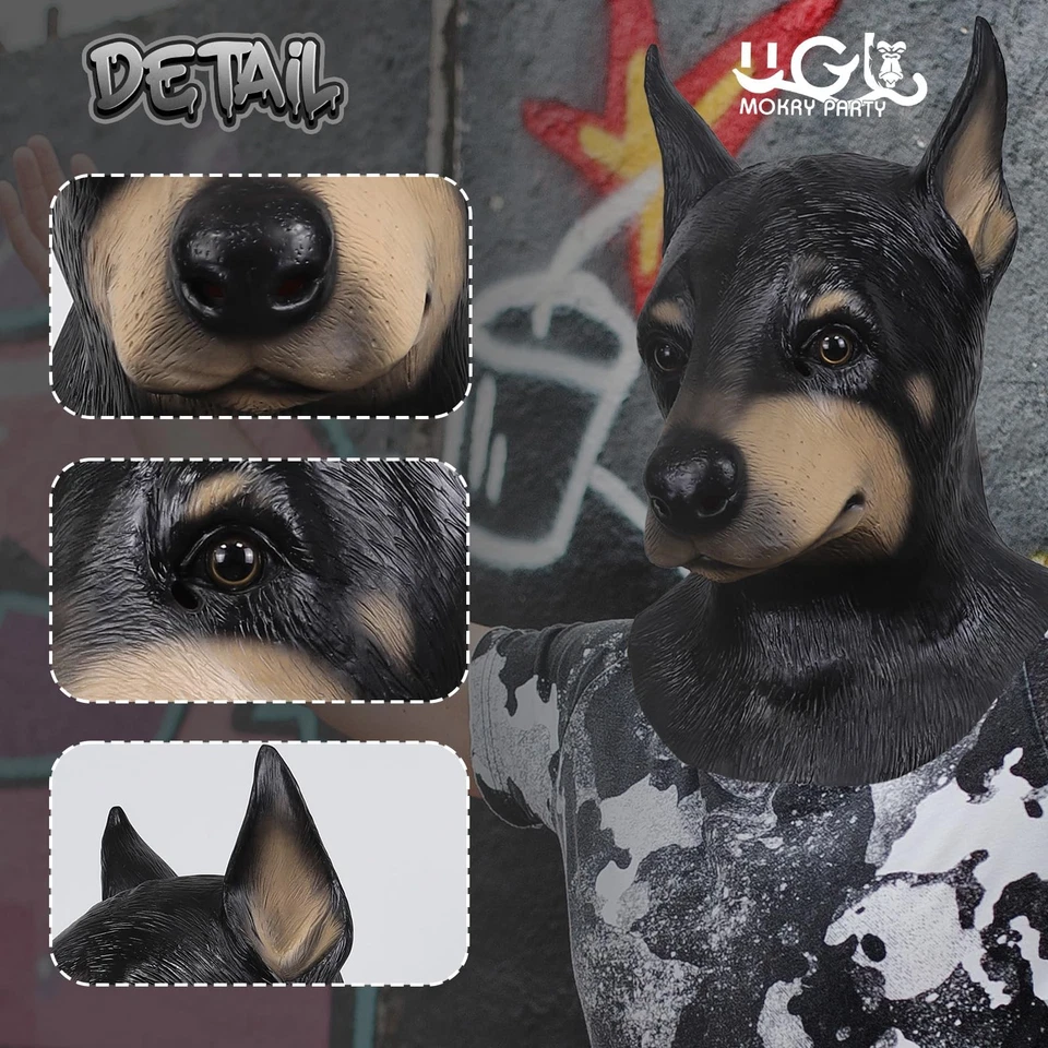 Dog Mask Doberman Head Adult Size Black Funny Animal Mask Halloween Party Cos... - Image 3 of 4