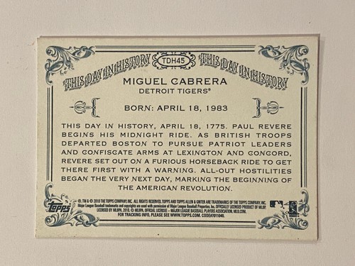Miguel Cabrera-2010 Topps Allen & Ginter’s (This Day In History) - Picture 2 of 2