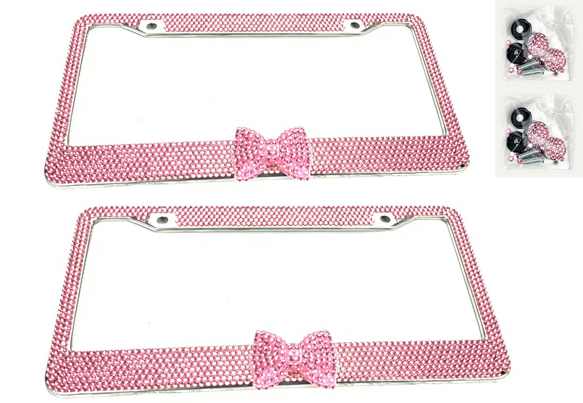 2 x Pink Bow Tie Bling Diamond Crystal Metal License Plate Frame