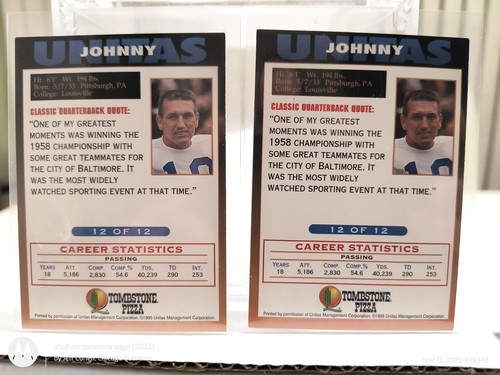 Dos tarjetas 1995 Tombstone Pizza Johnny Unitas, Baltimore Colts - Dos tarjetas - Imagen 5 de 5