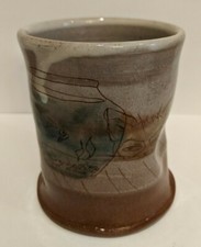 Studio Art Pottery Planter Mug Cup Cat Fishbowl Red Clay Hand Painted - Signed