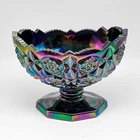 Vtg LE Smith? Amethyst Carnival Glass Compote Toltec Pedestal Bowl Hand Blown
