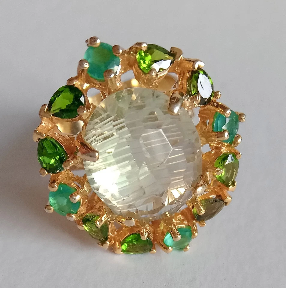 ANELLO ARG. STERLING 925 DORATO CON PRASIOLITE, ONICE E DIOPSIDI NATURALI - Immagine 2 di 4