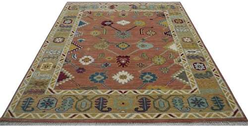 Handmade Pink Floral Geometric 8x10 ft Oushak Area Rug | Customizable Carpet - Picture 2 of 7