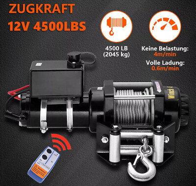 Elektrische Seilwinde 12V Power Winch 4500lbs ATV 2041kg UTV Quad Stahlseil