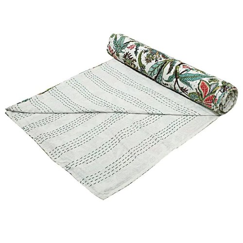 Green Floral Kantha Bedspread Cotton Bedspread Hippie Bohemian Reversible Throw - Picture 4 of 4