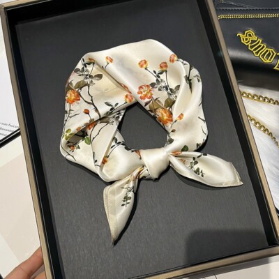 100% Silk 20'' Small Square Scarf Women Neckerchief Wrap White Flowers Pattern