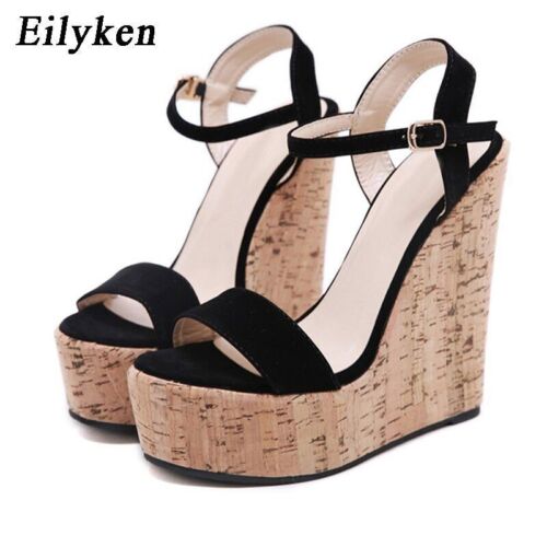 Mode offene Zehenpartie Plateau Keilabsatz Sandalen Sommer Knöchelschnalle Riemen High Heels - Bild 1 von 21