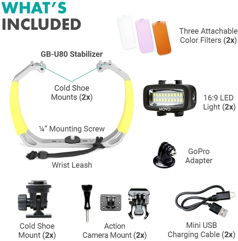 Paquete de plataforma de buceo submarino Movo XL con 2 luces LED impermeables para GoPro Foto 2 de 4