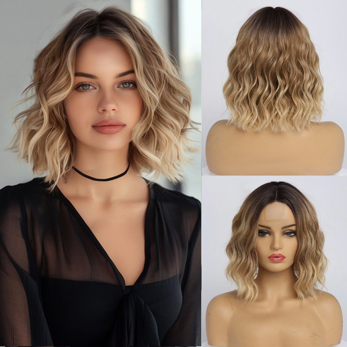 Bob Ombre Blond Wigs Short Wave Synthetic Wig Lace Front 