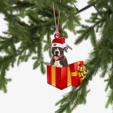 Pit Bull Dog Merry Christmas Ornament, Pit Bull Dog Santa Xmas Gift Ornament
