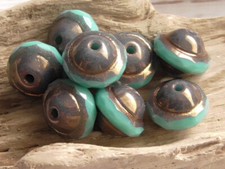 8 - 10x8mm CZECH OPAQUE TURQUOISE BLUE METALLIC BRONZE SATURN SAUCER GLASS BEADS