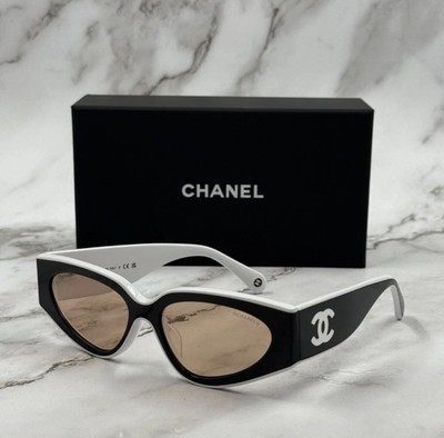 Chanel CH6056 54mm Cat Eye Sunglasses in Black and White with Beige Lenses